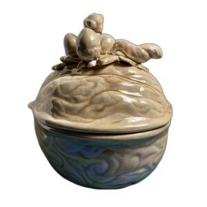 Vintage Lyons Pottery Lidded Bowl Acorn Top Drip Glaze Mid Century Decor